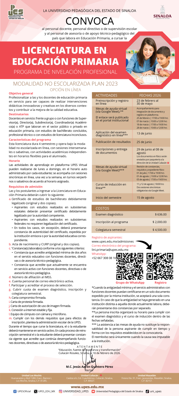 Convocatoria LICENCIATURA EN EDUCACIÓN PRIMARIA 2026