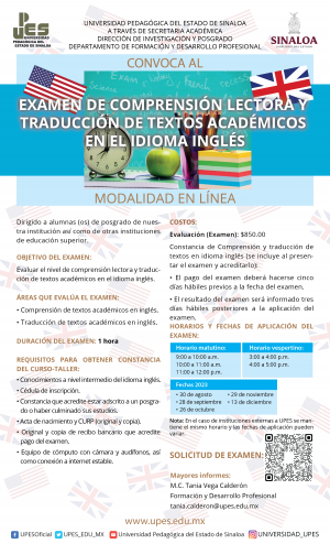 Examen de comprensi&oacute;n lectora y traducci&oacute;n de textos acad&eacute;micos en el idioma ingl&eacute;s