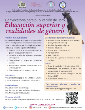 Convocatoria para publicaci&oacute;n de libro educaci&oacute;n superior y realidad de g&eacute;nero