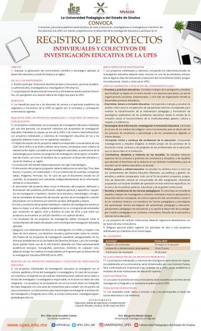 Convocatoria Registro de Proyecto Individuales y Colectivos de Investigaci&oacute;n Educativa de la UPES